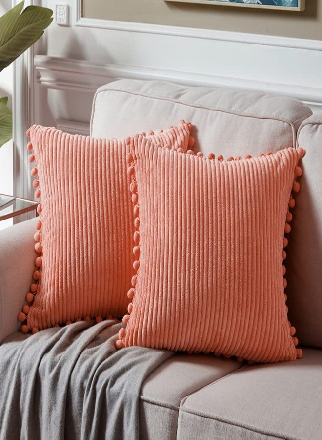 Fancy Homi Pack of 2 Coral Decorative Throw Pillow Covers 18x18 Inch with Pom-poms for Living Room Couch Bedroom, Soft Corduroy Peach Solid Square Cushion Case 45x45 cm, Rustic Farmhouse Home Decor - Image 1
